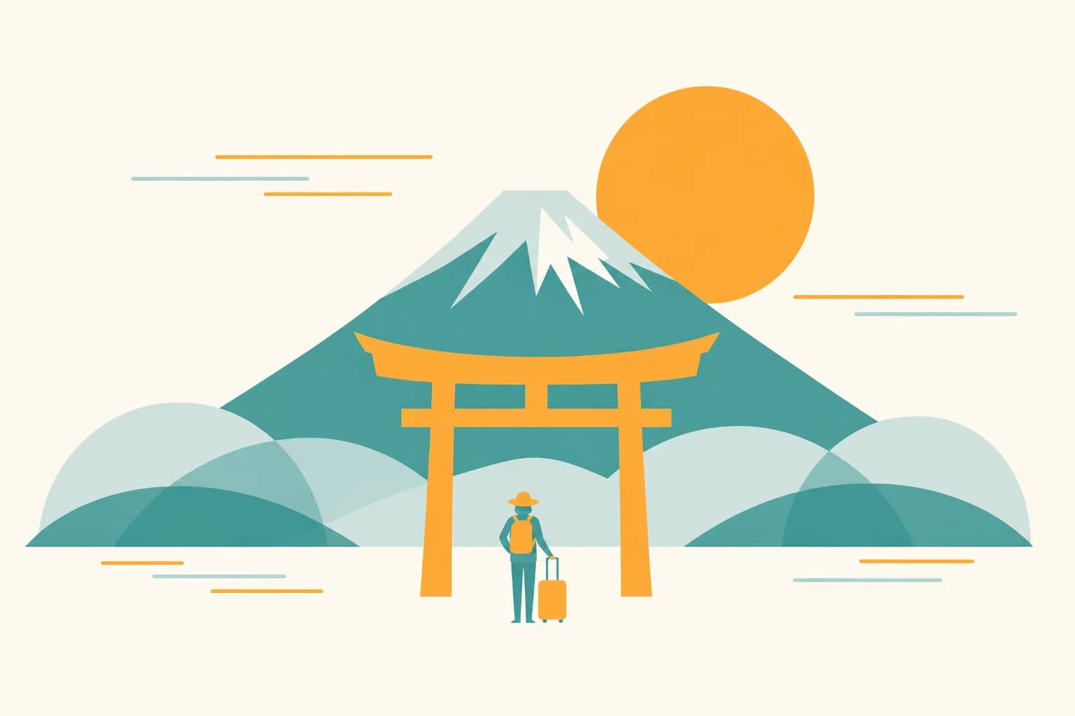 朝日と富士山、鳥居のもとに立つ旅人を描いたフラットイラスト